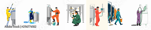 Photography Industrial Cleaning and Maintenance Professionals Performing Various Tasks on Large Factory Tanks and Equipment in a Set of Diverse Workplace Scenarios