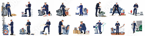 Set of sailors in uniform working with ropes and maritime machinery on ship deck, flat vector illustrations for naval and nautical themes.