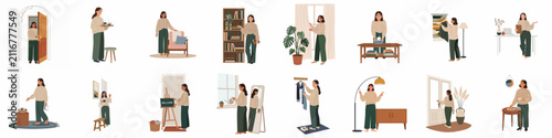 Flat design vector illustration set featuring a woman in a sweater performing various daily routines, household chores, and activities in a home setting.
