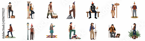 Obraz na plátně Diverse set of RPG character illustrations in flat vector style featuring various adventurers with weapons and props for fantasy roleplaying games