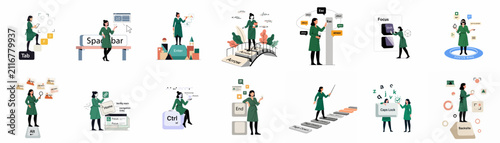 Cuadro en lienzo Collection of 14 flat vector illustrations showing a woman using keyboard shortcuts and navigation tools for web accessibility