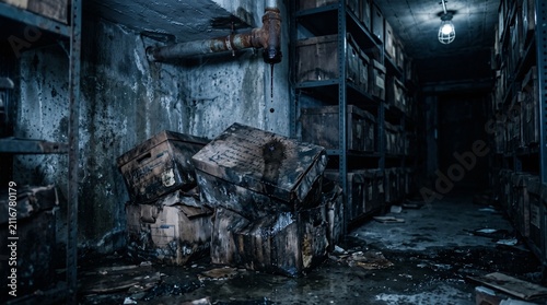 Cinematic photo of water dripping onto soggy cardboard boxes in a dark basement archive