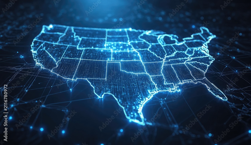 Fototapeta premium USA map, digital network, glowing lines