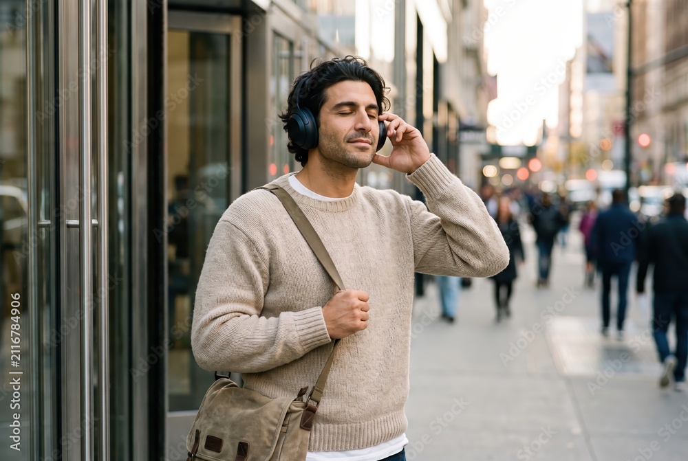 Fototapeta premium Generative AI, Man listening to music with headphones walking on a city street