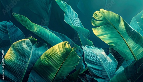 Abstract tropical banana leaves background. Dark emerald green botanical foliage texture.