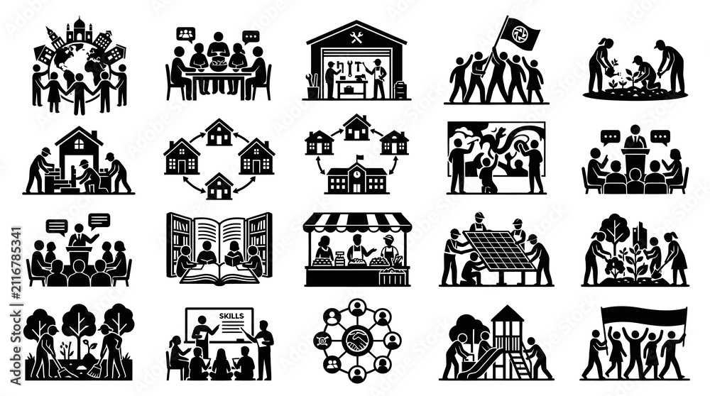 Obraz premium Community, Education, and Social Cause Icons: Black and White Glyph Art