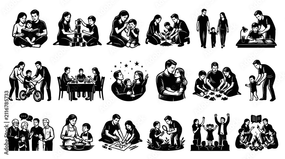 Fototapeta premium Black and White Line Art Family Activities and Love, Vector Icons