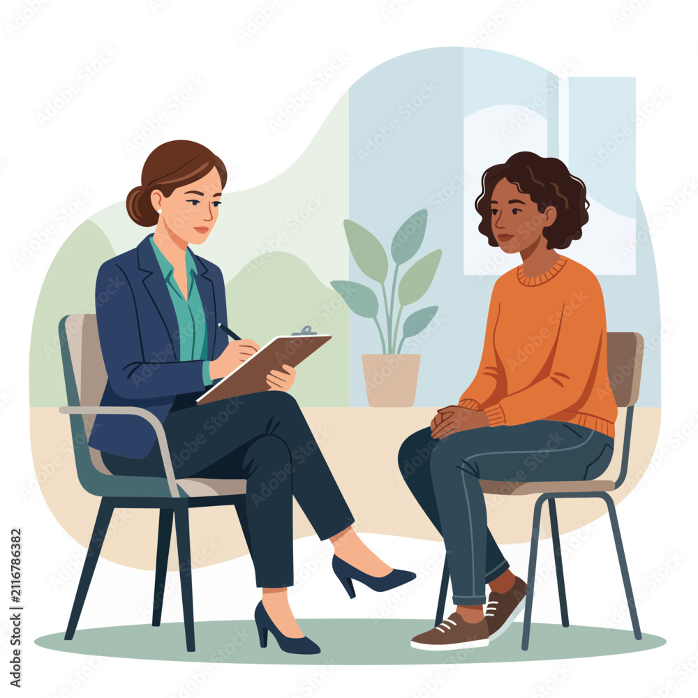 Obraz premium Psychologist and patient in therapy session, flat design, vector illustration