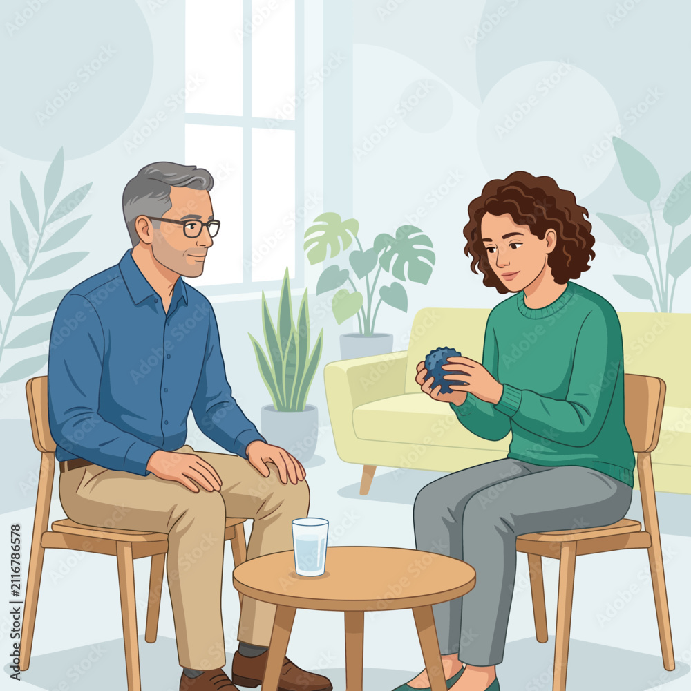 Fototapeta premium Therapist and patient in session, discussing a sensory ball, flat vector illustration.