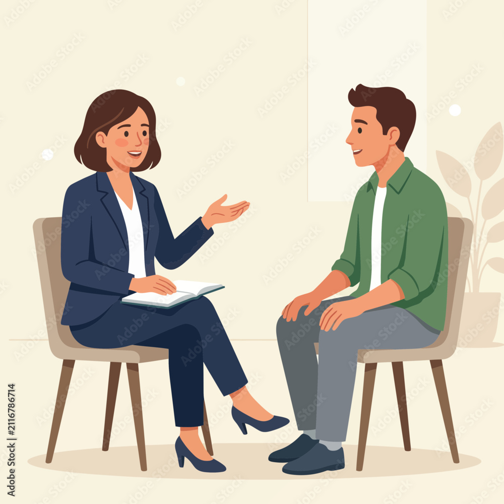 Fototapeta premium Therapy Session: Professional Counselor Discusses with Male Patient in a Modern Office