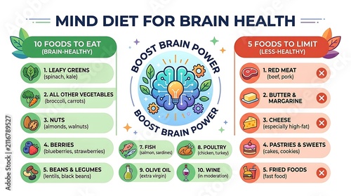 Infographic about mind diet foods for brain health and power