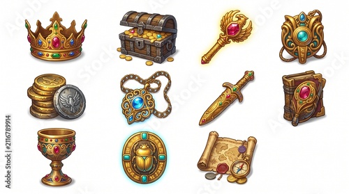 An array of richly detailed fantasy adventure game icons, featuring a golden crown, treasure chest, ancient map, and various magical artifacts.