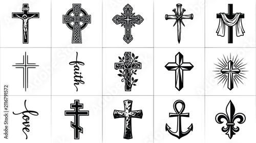 Religious Christian cross icons set, black and white crucifix vector collection, 15 spiritual symbols for church branding and tattoo design