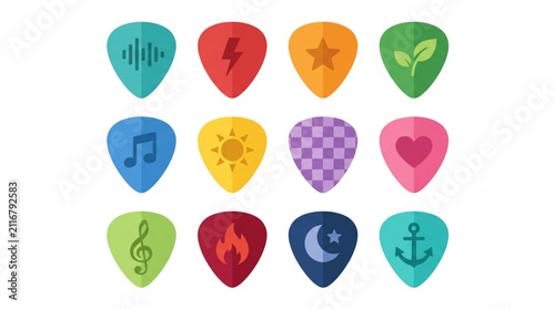 Obraz na plátně Colorful guitar picks with various symbols and icons.