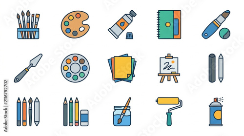Colorful flat design art supplies collection illustration.
