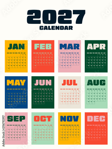2027 Calendar template modern retro style. Colorful 12 months weekly planner grid start on Sunday. Design element for print, wall, desk. Vector illustration