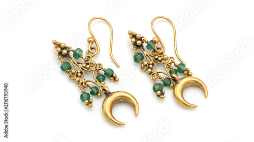 Elegant crescent moon dangle earrings adorned with green beads, showcasing intricate craftsmanship