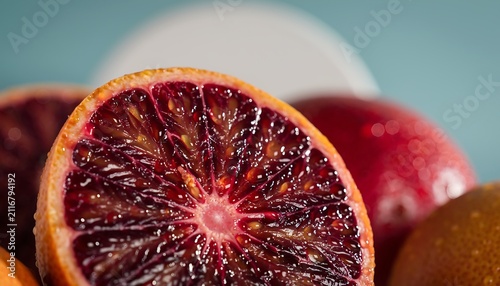 Close-up fresh blood orange slice revealing deep red juicy flesh with glistening water droplets against soft blue background