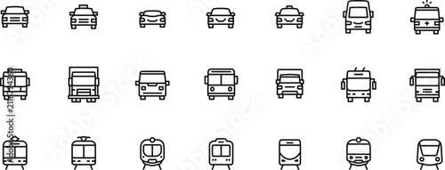Set of transportation vehicles cars buses and trains front view outline icons in minimalist style