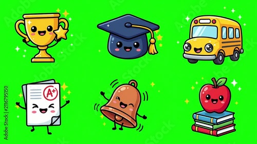Animated School Icons on Green Screen