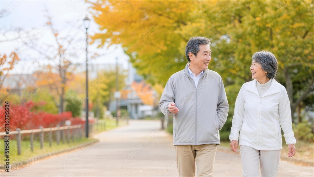 Obraz premium 紅葉した公園を会話しながら歩く日本人シニア夫婦