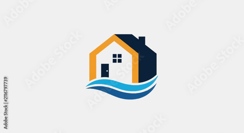 Modern house logo with orange roof and navy blue silhouette integrated with blue water waves at the base, representing coastal real estate or beachfront residential property