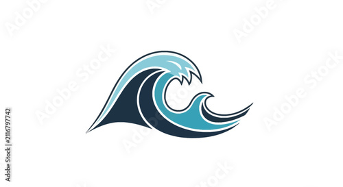 Modern vector illustration of a stylized ocean wave logo featuring shades of blue, teal, and navy with a white outline, isolated on a white background for brand design.