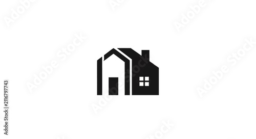 Minimalist black and white house logo with geometric abstract architecture, gabled roofs, chimney, and window icon, isolated on white for real estate and construction branding.