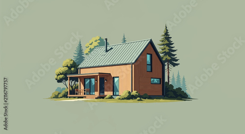 Flat vector illustration of a modern small wooden cabin with a pitched roof, front porch, and chimney, surrounded by pine trees and bushes on a clean minimalist background.