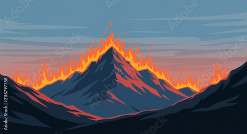 Vector illustration of a dark mountain range with bright orange and yellow flames erupting from the ridges and central peak against a blue sky with horizontal cloud lines.