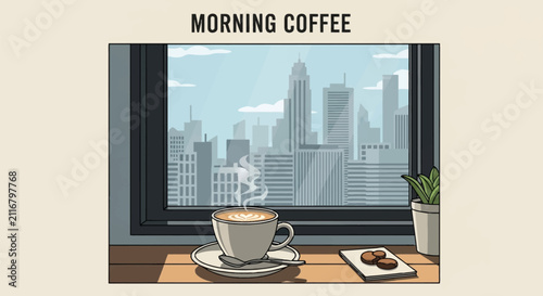 Vector illustration of steaming cappuccino with latte art on a windowsill, city skyline skyscrapers view, potted plant and cookies, headlined with text 