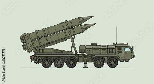 Tactical military mobile ballistic missile system on heavy five-axle truck, featuring two elevated rockets, side profile vector illustration in flat style on plain background.