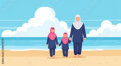 Vector illustration of a Muslim mother and two daughters wearing hijabs walking along a sandy beach coastline under a blue sky with white clouds, holding hands by the sea.