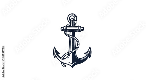 Vintage nautical anchor emblem with rope coiled around the shank, black and white vector illustration for maritime logo design, marine sailing symbol isolated on white background.