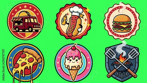 Animated Cartoon Food Logos and Stickers on Green Screen