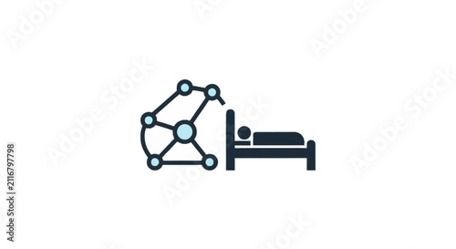 Flat vector icon illustrating a bed with a sleeping person figure positioned next to a geometric network structure of nodes and lines on a white background for tech concepts.