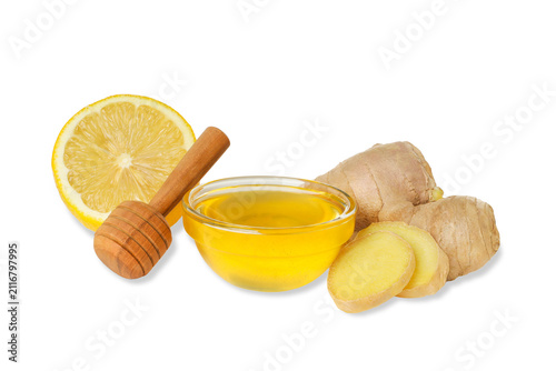 Ginger, lemon, honey, and ginger pieces displayed, isolated, PNG
