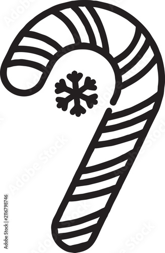 Striped christmas candy cane outline with snowflake for winter holiday season black and white holiday treat design element line drawing snowflake christmas celebration decoration