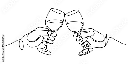 Continuous line drawing of two hands holding wine glasses for a toast