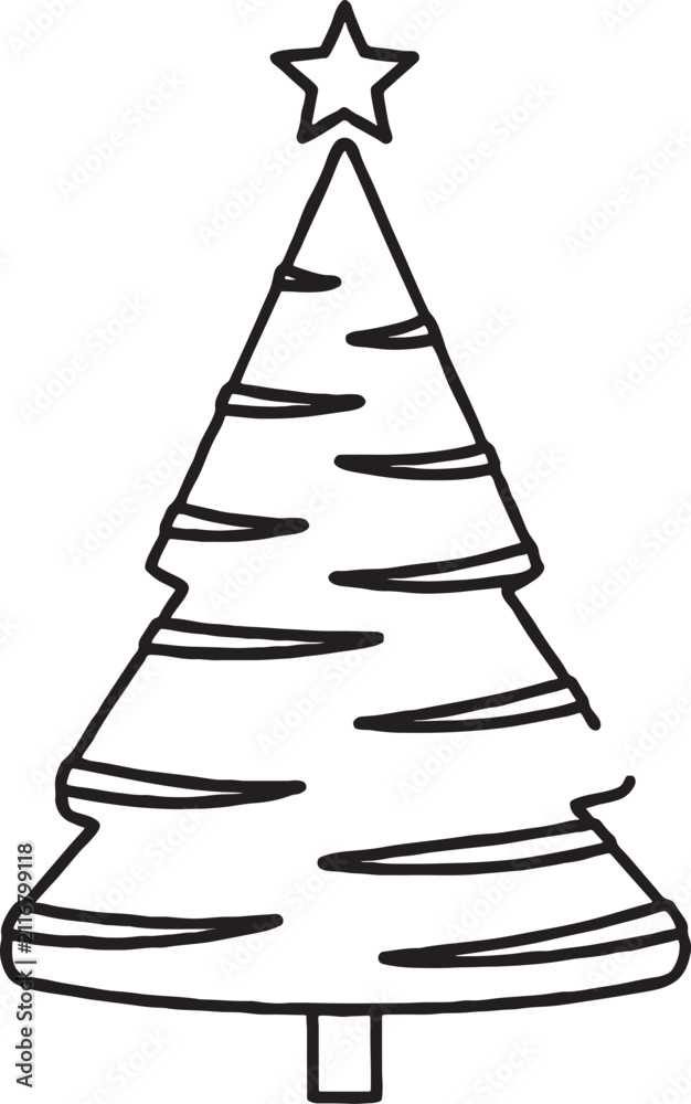 Fototapeta premium Simple christmas tree outline drawing with star topper traditional holiday decoration graphic black lines white background graphic resource line art winter season merry christmas
