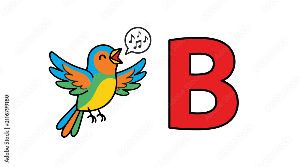 Fototapeta premium Cute Cartoon Bird Singing Musical Notes Next to Large Red Letter B, Flat Vector Illustration for Education and Children's Content