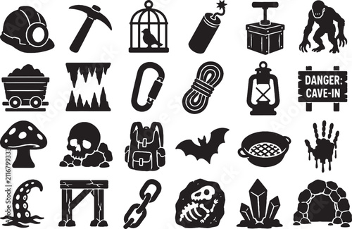 Bild auf Leinwand Mine Horror Cave Descent Spelunking Danger Icon Set - Minimalist Vectors