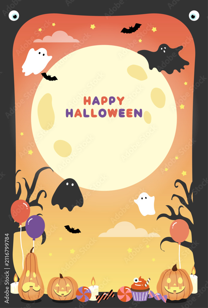 Fototapeta premium 満月とおばけのポップなハロウィンの背景素材