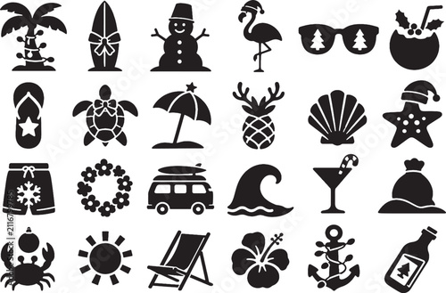 Принти на полотні Tropical Beach Christmas Summer Holiday Hawaiian Icon Set - Minimalist Vectors