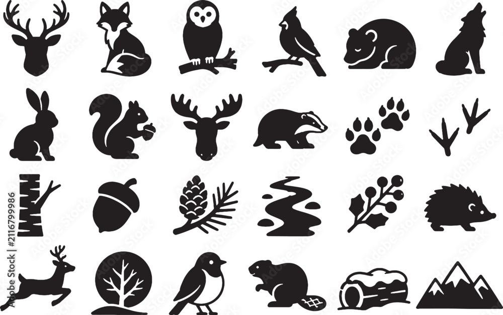 Obraz premium Winter Wildlife Snowy Forest Animal Woodland Icon Set - Minimalist Vectors