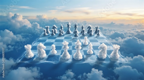 Chess board and pieces made of clouds in sky