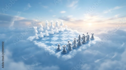 Chessboard and chess pieces made of clouds