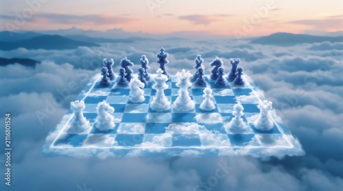 Chessboard and chess pieces made of clouds