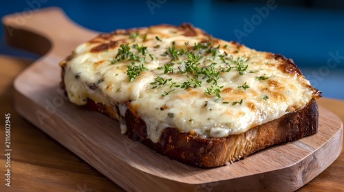 Cheese toast sits on a wooden cutting board.
