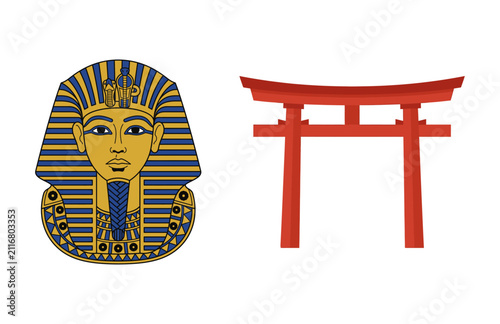 Foto Vector illustration featuring the funerary mask of Tutankhamun and a traditional